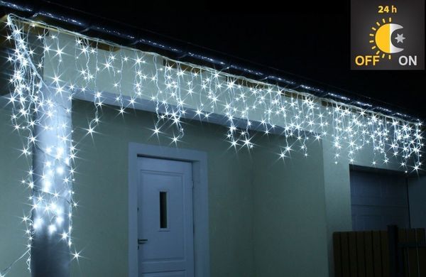 Новогодняя гирлянда Бахрома 300 LED, Белый холодный свет 14 м + Ночной датчик, 300